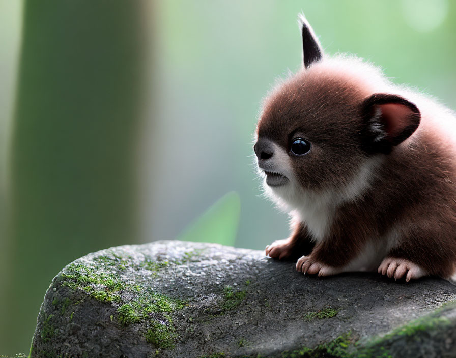 Brown puppy with white patch and round eyes on mossy rock in green background