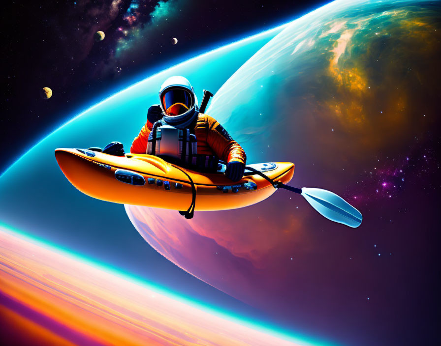 Colorful planets and stars backdrop astronaut kayaking through space