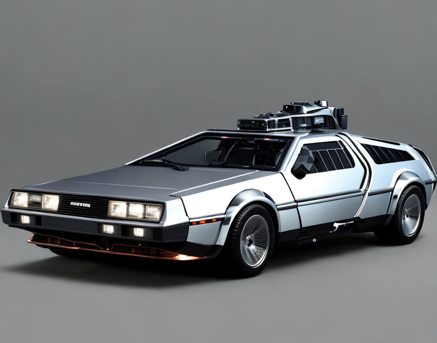 Silver DeLorean DMC-12 3D Render with Futuristic Mods and Gull-W