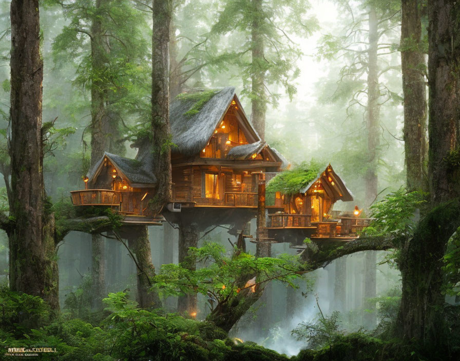 Glowing windows treehouse in misty forest