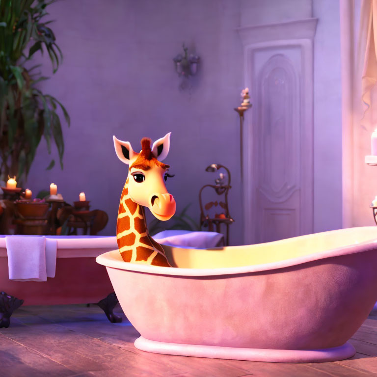 Animated giraffe in cozy bathtub in elegant room with candelabra