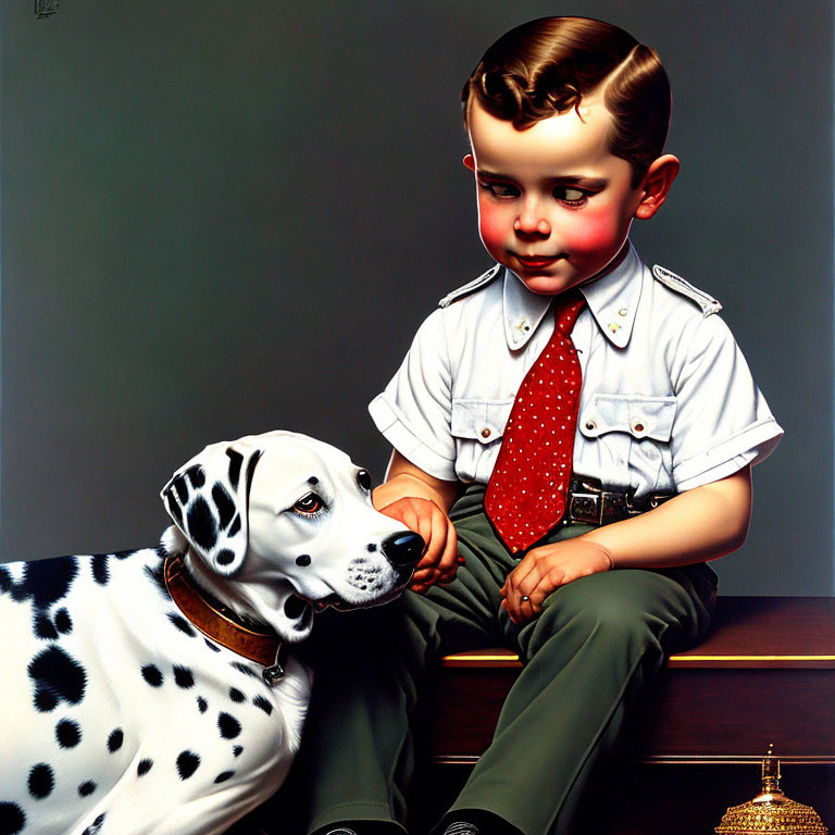 Vintage-style painting of young boy with red tie and Dalmatian dog.