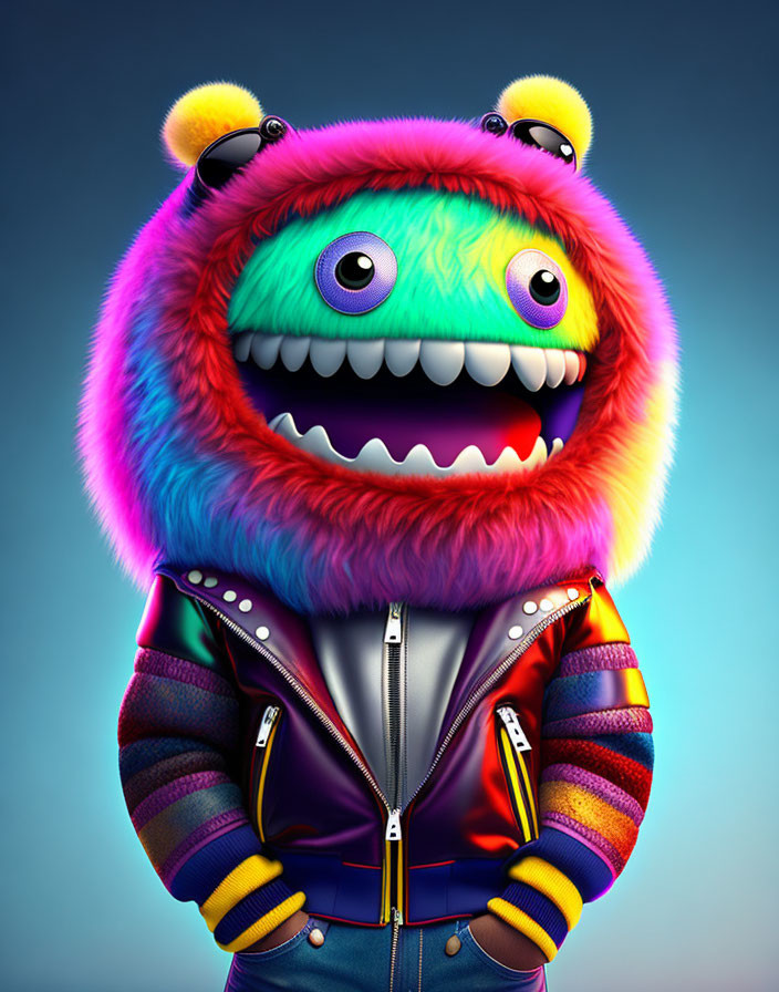 Furry one-eyed monster in leather jacket with bear hood