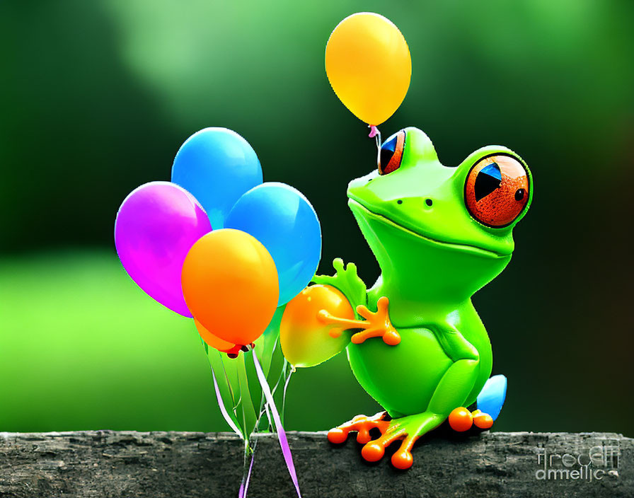 Colorful 3D illustration: Smiling frog with balloons on log