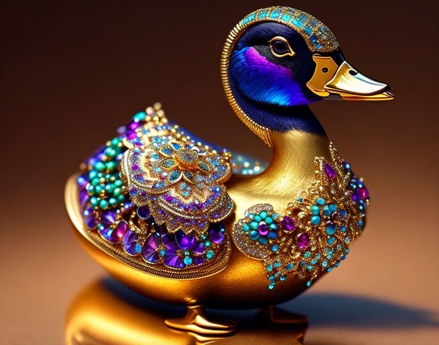 Golden Duck Figurine with Blue and Purple Jewels on Brown Background