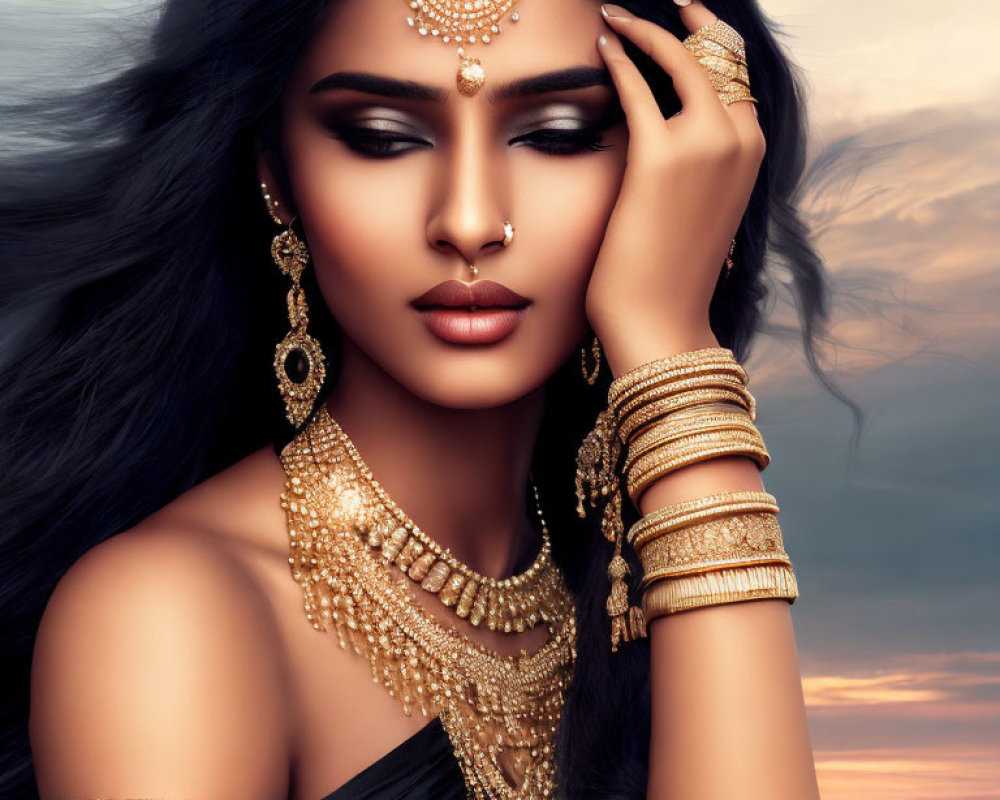 Golden Jewelry Adorned Woman Poses Against Sunset Sky