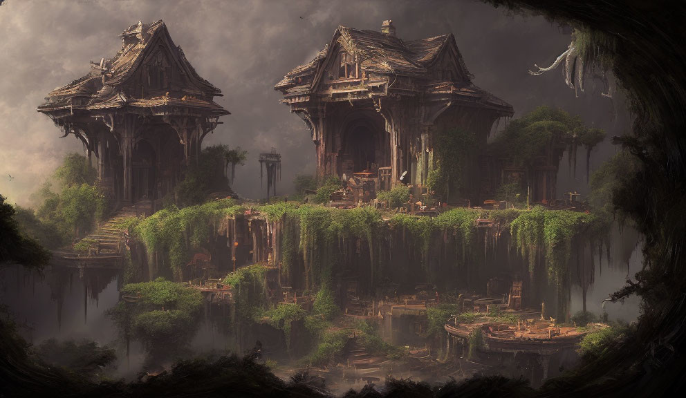 Ancient overgrown temples in ruins on lush cliff with fog.