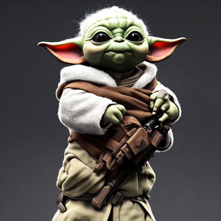 Detailed Yoda figure in Jedi robe on grey background