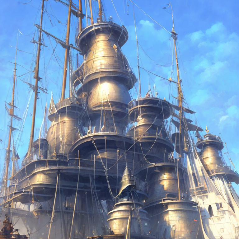 Imposing multi-layered fortress ship with tall masts in clear blue sky