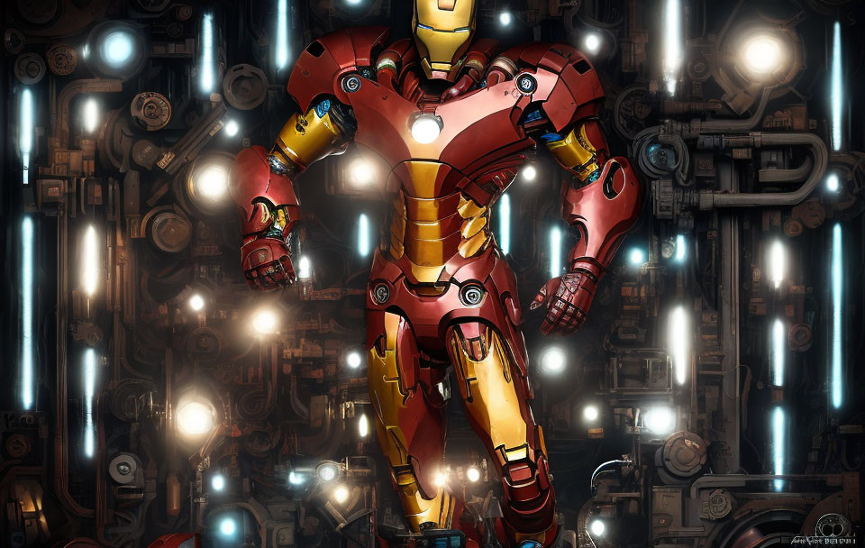 Futuristic Iron Man Suit with Glowing Blue Lights on Mechanical Background