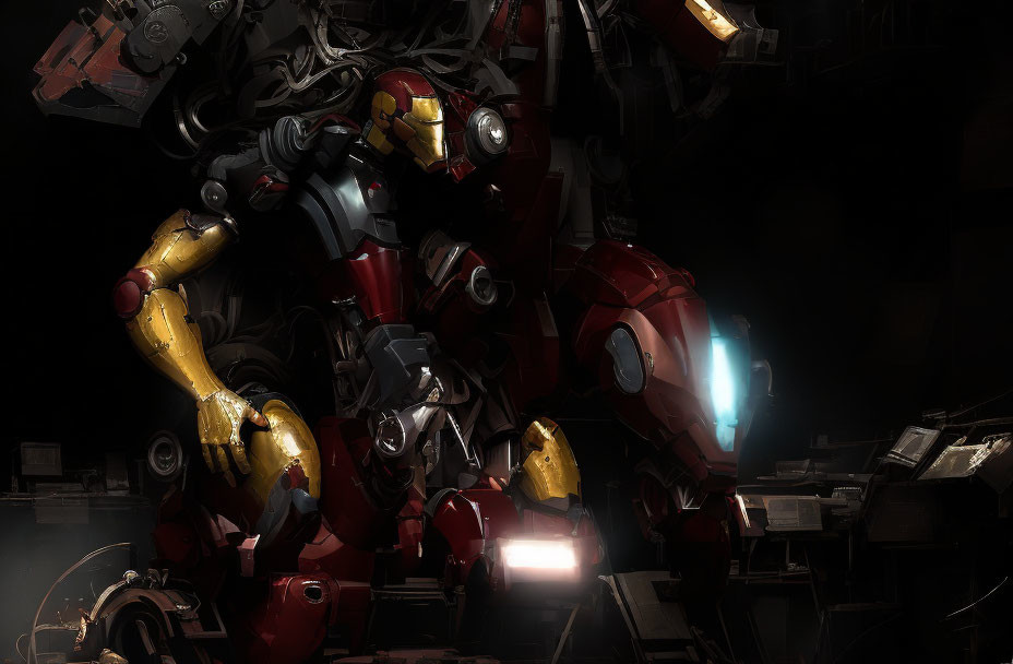 Detailed Iron Man armor artwork with lit helmet in mechanical wreckage