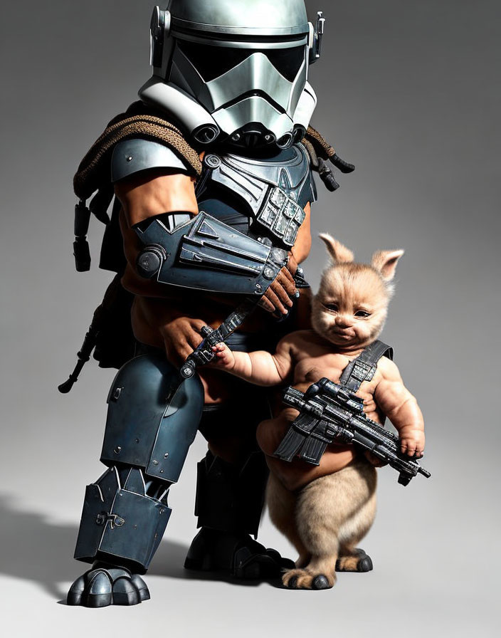 Person in Mandalorian armor with small "Baby Yoda" animal holding toy blasters