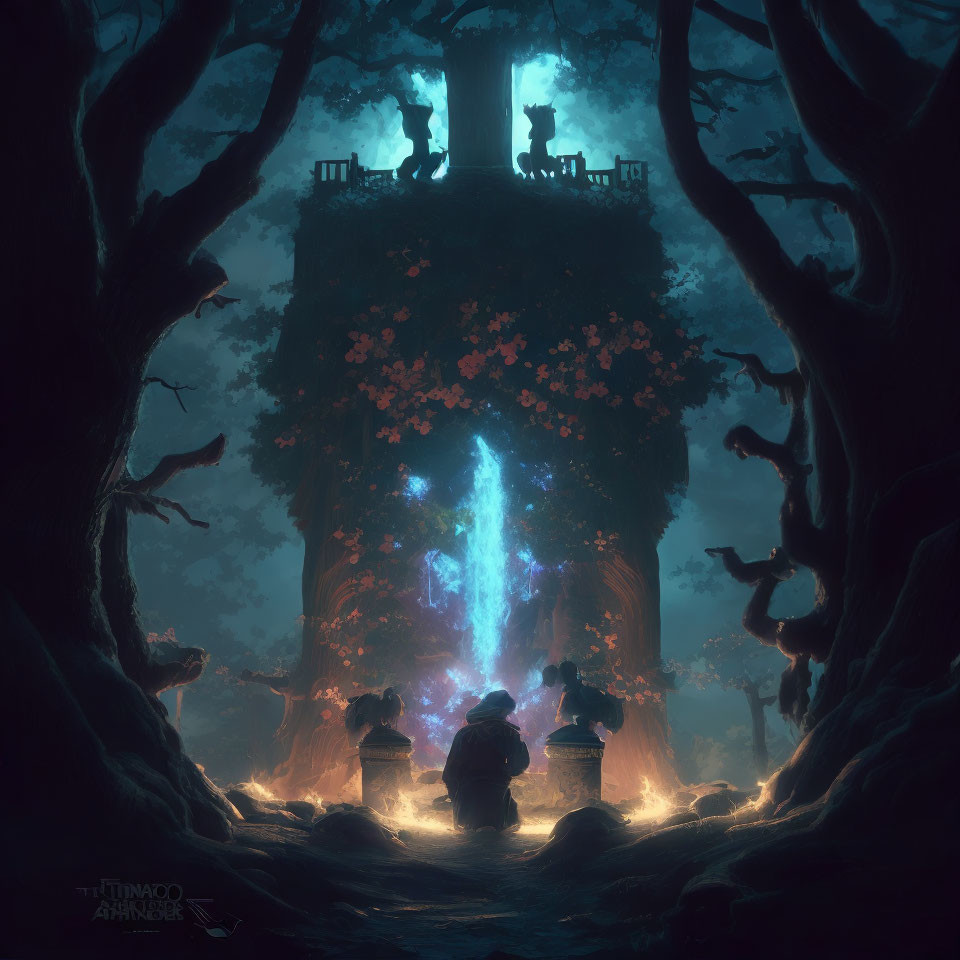 Mystical forest scene with figures around radiant blue-glowing tree