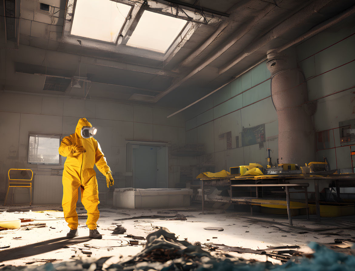 Person in hazmat suit in abandoned industrial interior