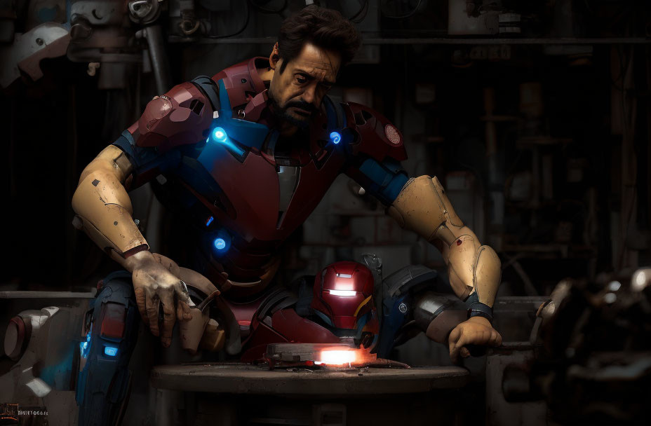 Person crafting Iron Man suit in dimly lit workshop with glowing arc reactor