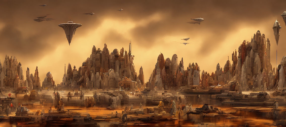 Futuristic cityscape with towering spires and flying vehicles