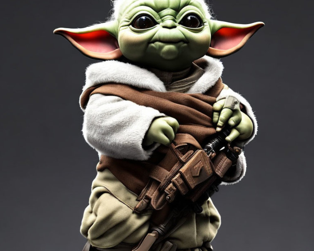 Detailed Yoda figure in Jedi robe on grey background