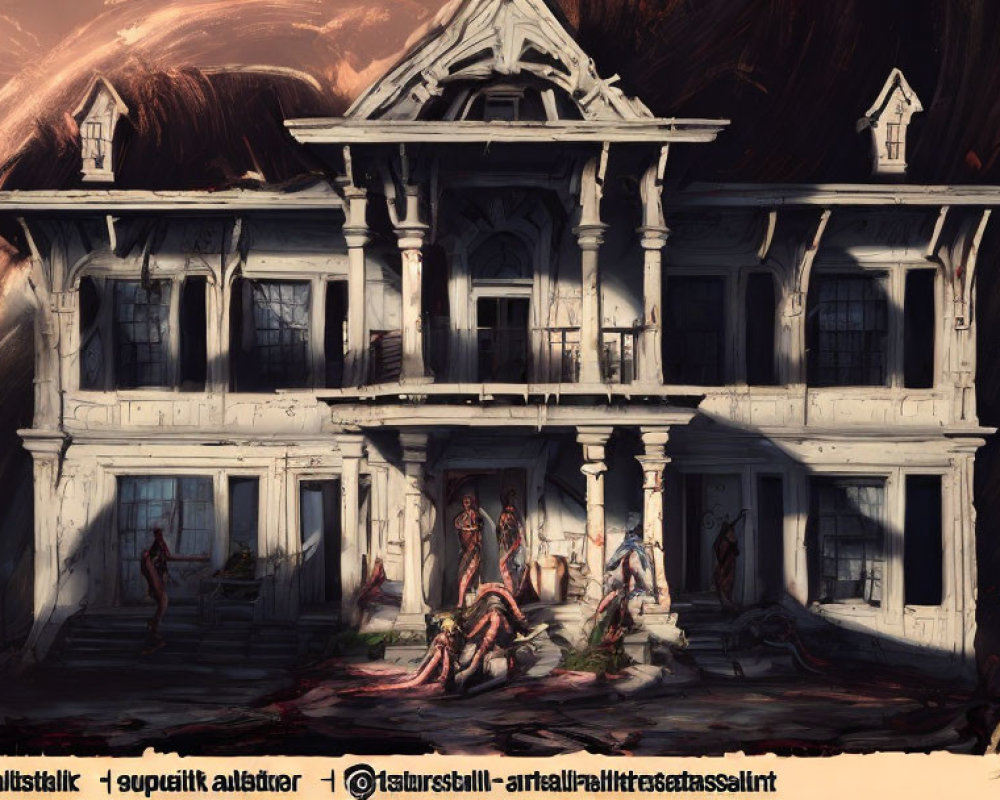 Spooky two-story mansion with ghostly figures in eerie illustration