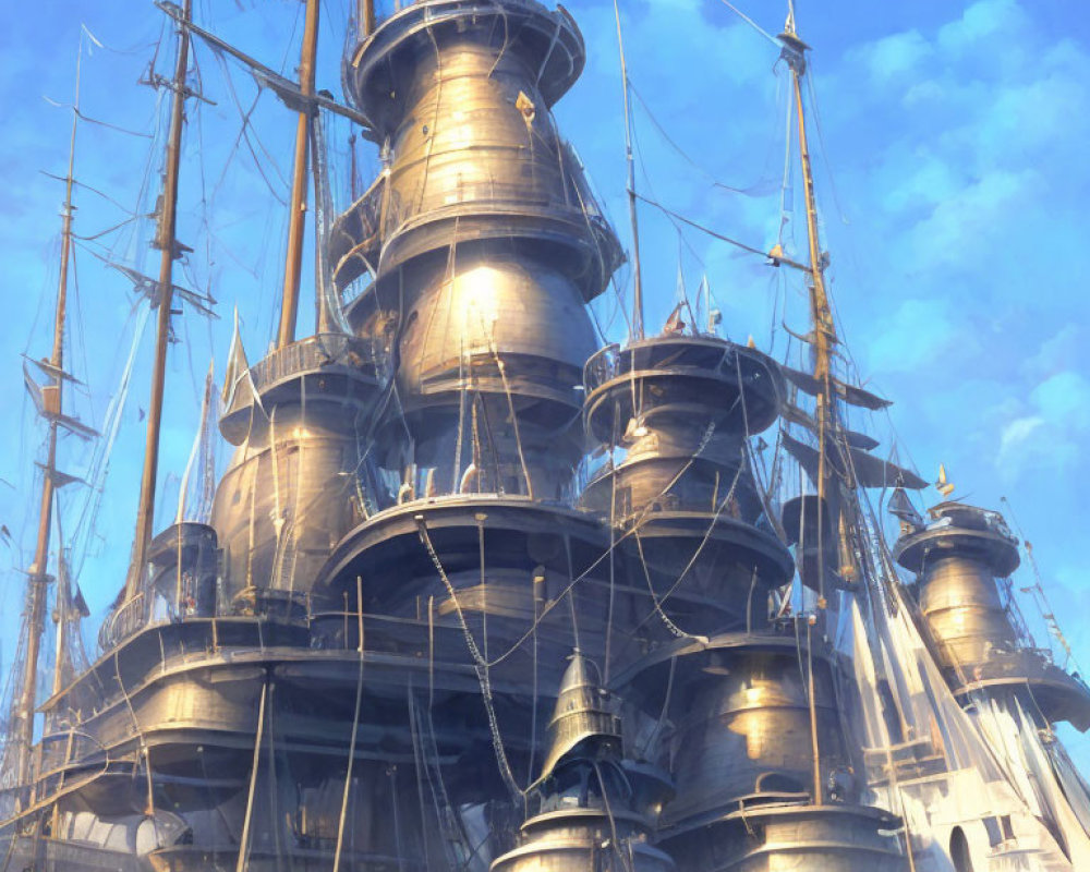 Imposing multi-layered fortress ship with tall masts in clear blue sky