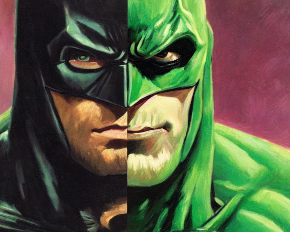 Dual Batman interpretations on split canvas: classic black and gray vs. vibrant green tones.