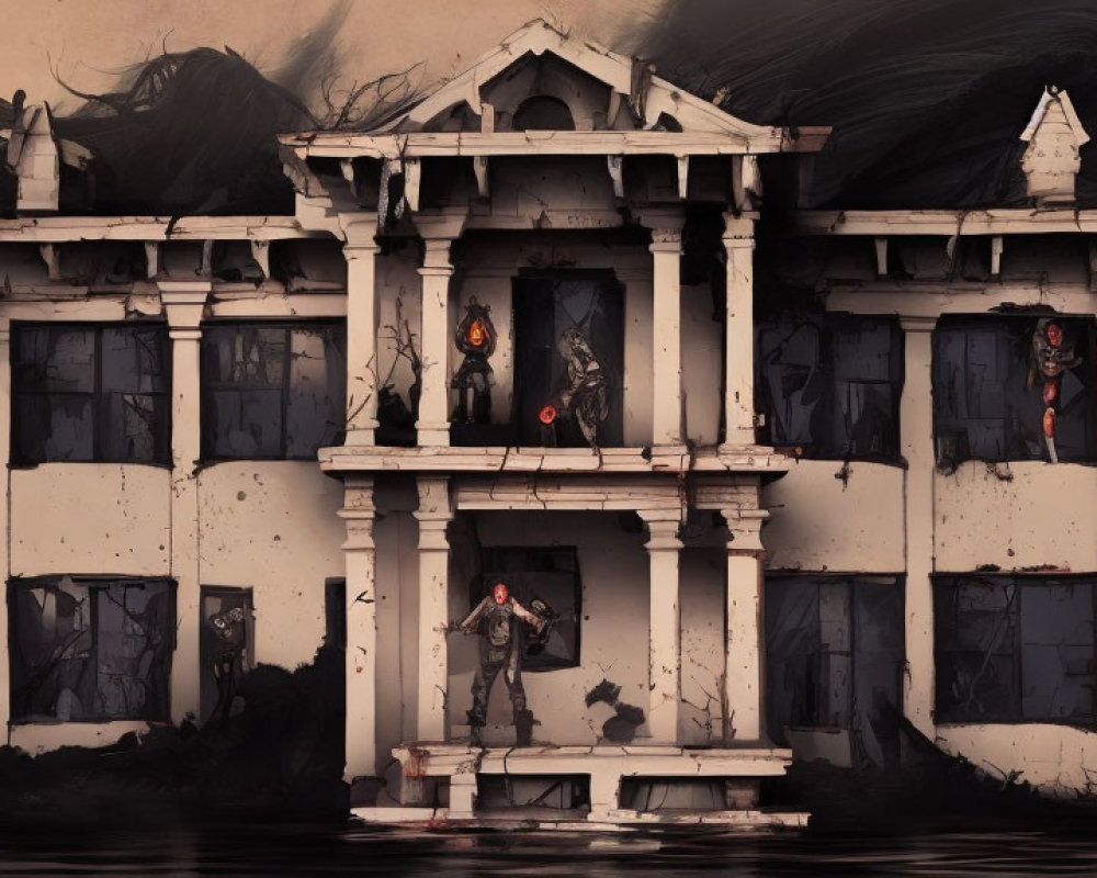 Abandoned mansion submerged in water with eerie figures and armed person.