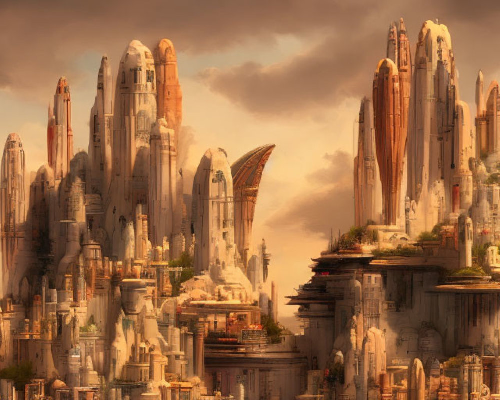 Fantastical city with towering spires on rugged cliffs at sunset