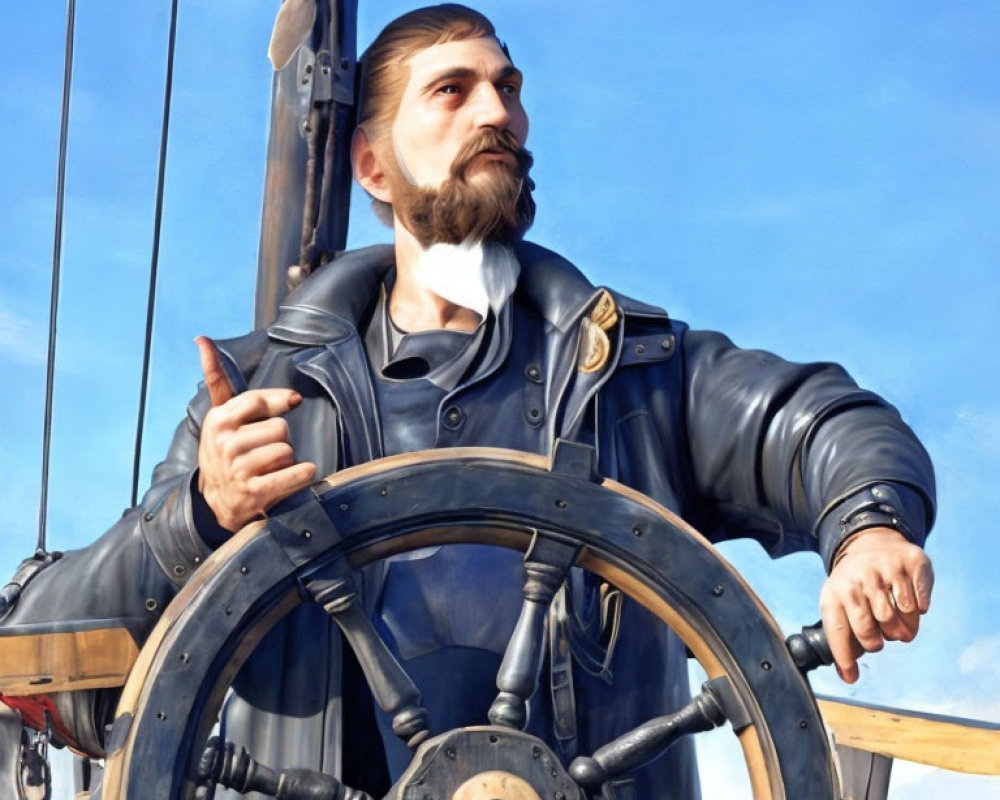 Bearded sea captain steering ship's wheel under blue sky