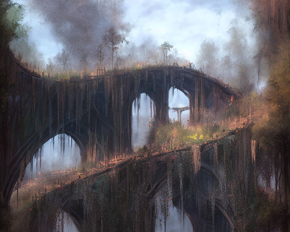 Mystical city backdrop behind ancient lush bridge