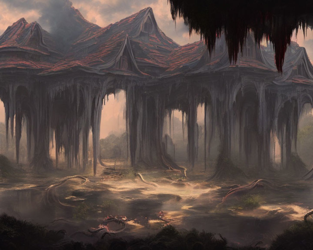 Misty forest with alien-like trees and serene swamp landscape