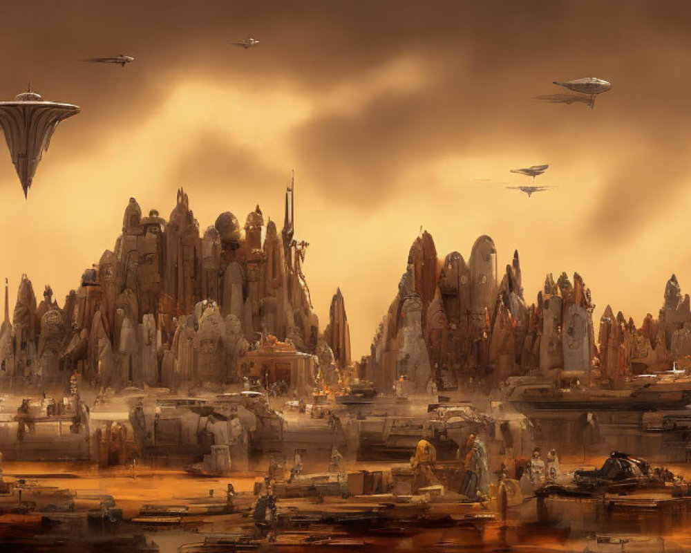 Futuristic cityscape with towering spires and flying vehicles