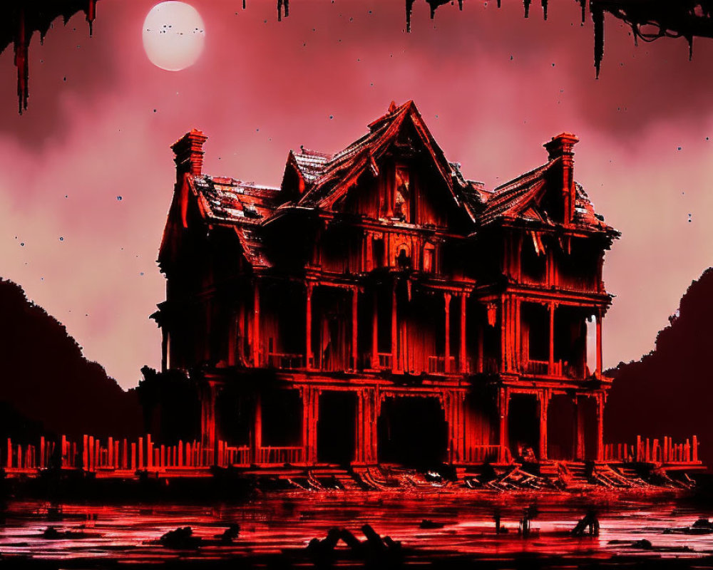 Dilapidated mansion under crimson sky and blood-red sun