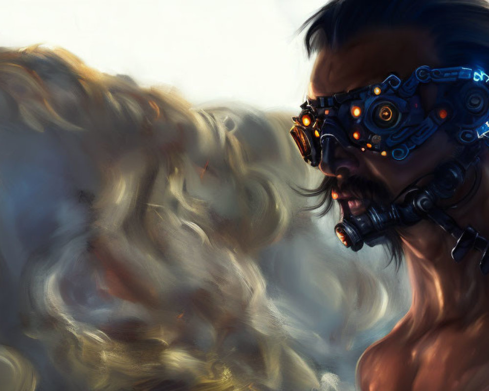 Long-Haired Man in Detailed Futuristic Mask with Colorful Swirls