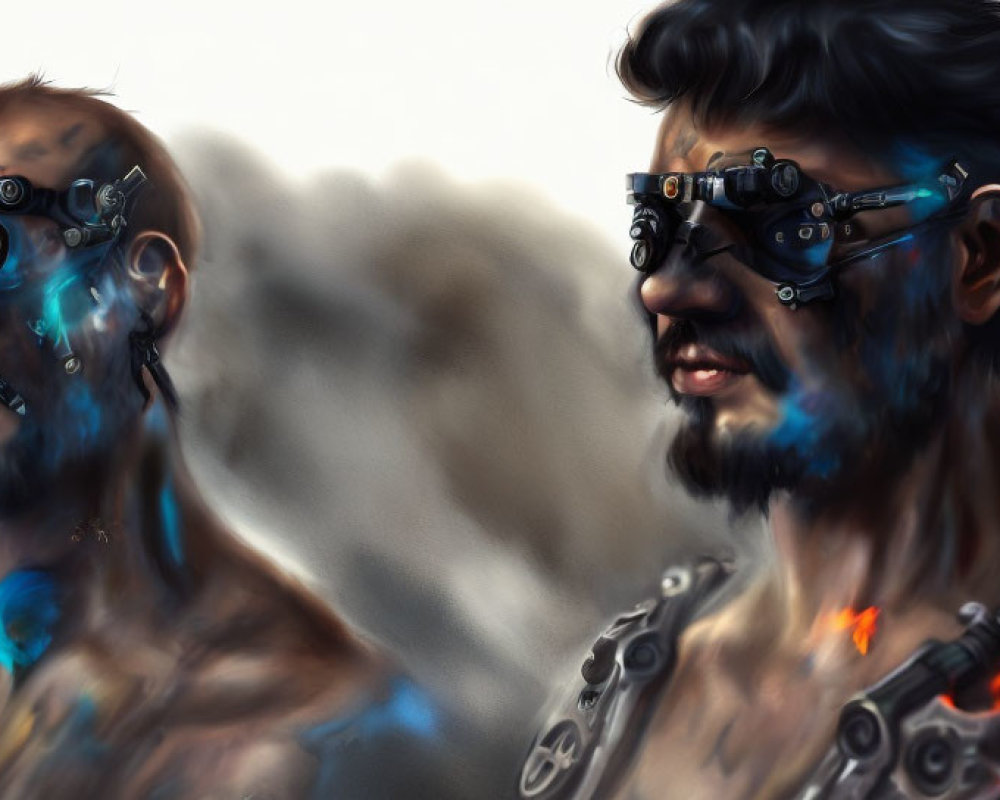 Futuristic cyborg men with mechanical eye pieces and glowing blue elements on skin