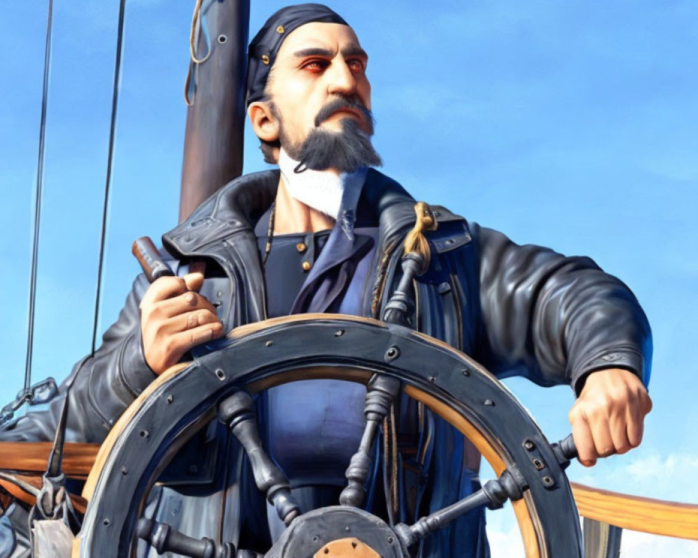 Bearded sea captain on ship deck with pipe under clear sky