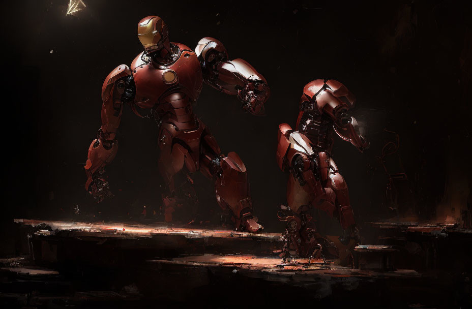 Large Armored Robotic Figures in Dark Industrial Setting with Dramatic Lighting