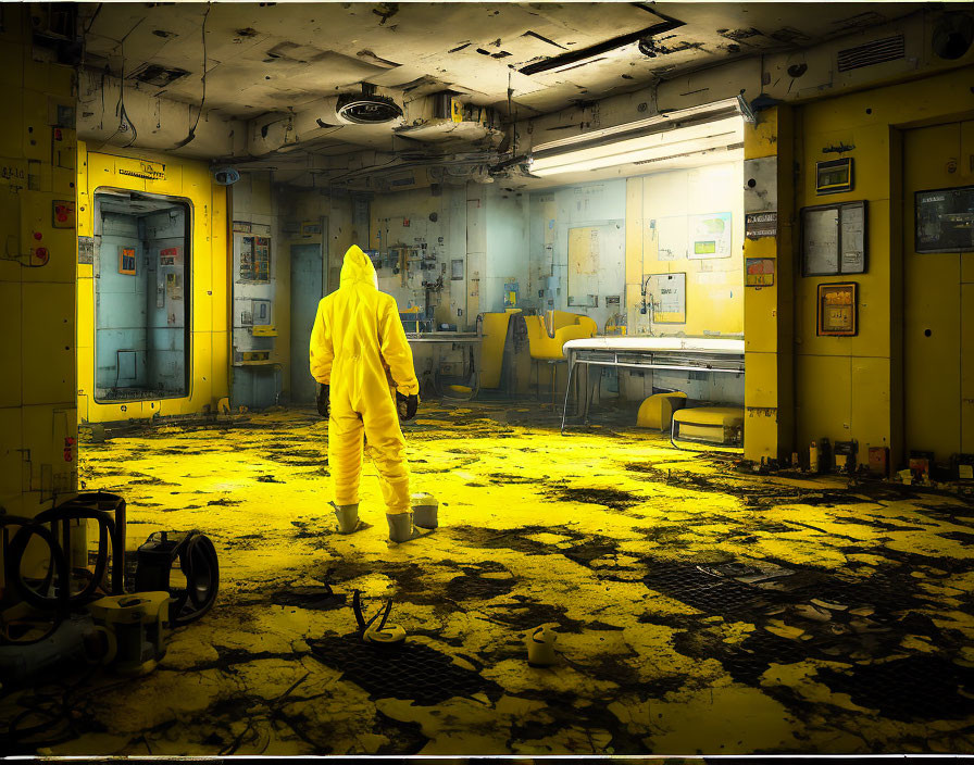 Yellow hazmat suit figure in abandoned room with peeling paint.