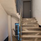 Dimly lit room staircase with peeling paint, handrail, scattered petals, closed ornate door