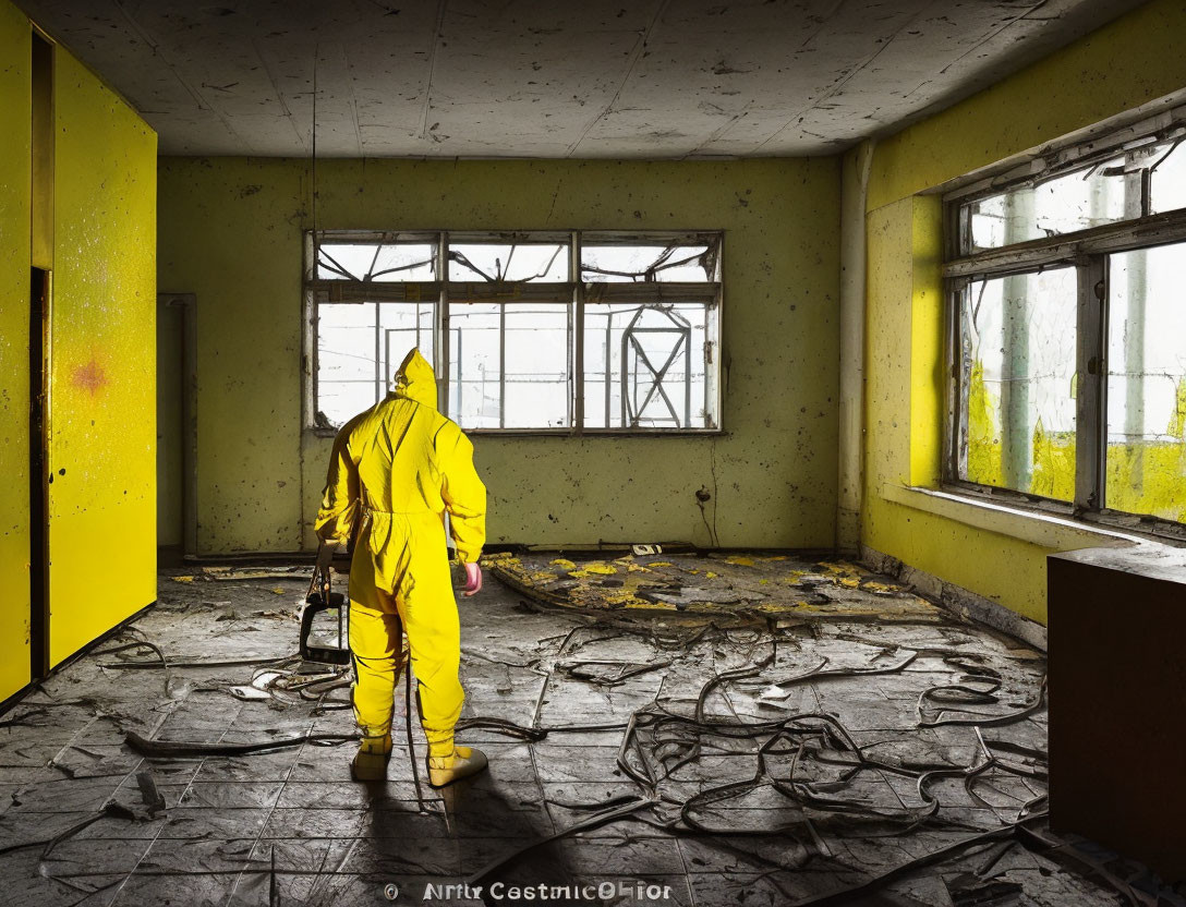 Person in yellow hazmat suit in abandoned room with peeling paint and debris.