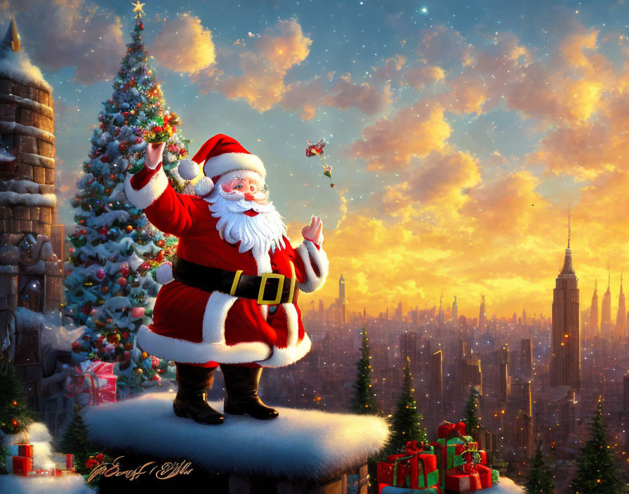 Santa Claus on snowy rooftop with Christmas tree and presents in twilight cityscape.