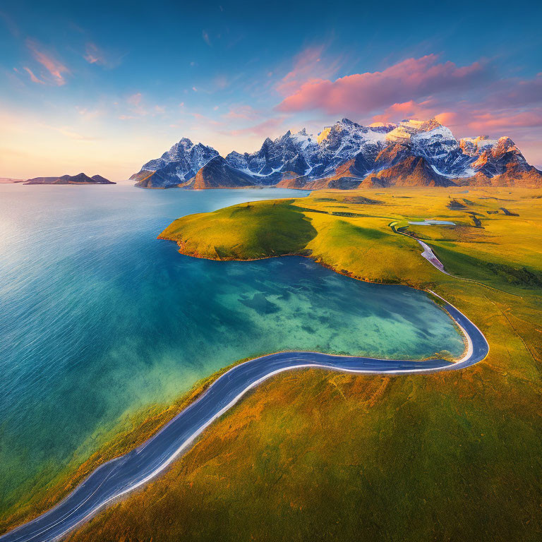 Scenic winding road through vibrant landscape towards snow-capped mountains