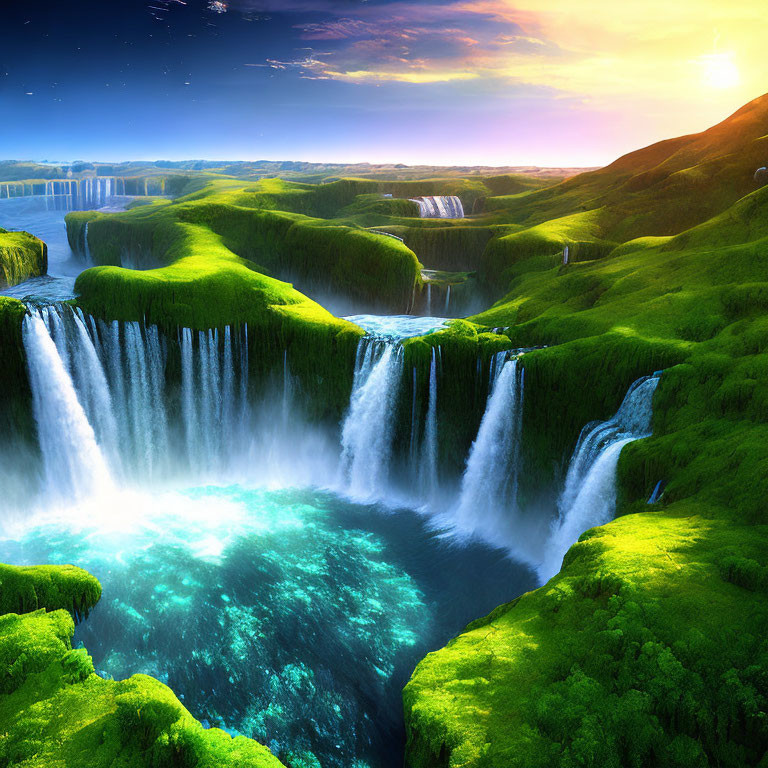 Serene landscape with lush greenery, waterfalls, river, and sunrise