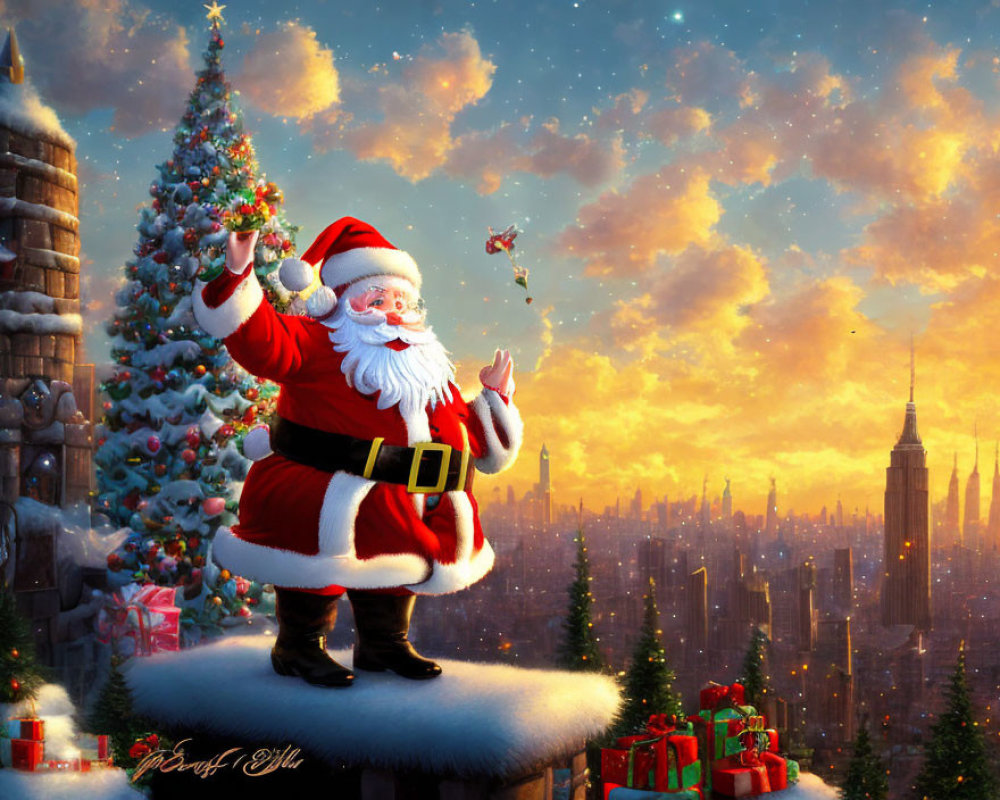 Santa Claus on snowy rooftop with Christmas tree and presents in twilight cityscape.