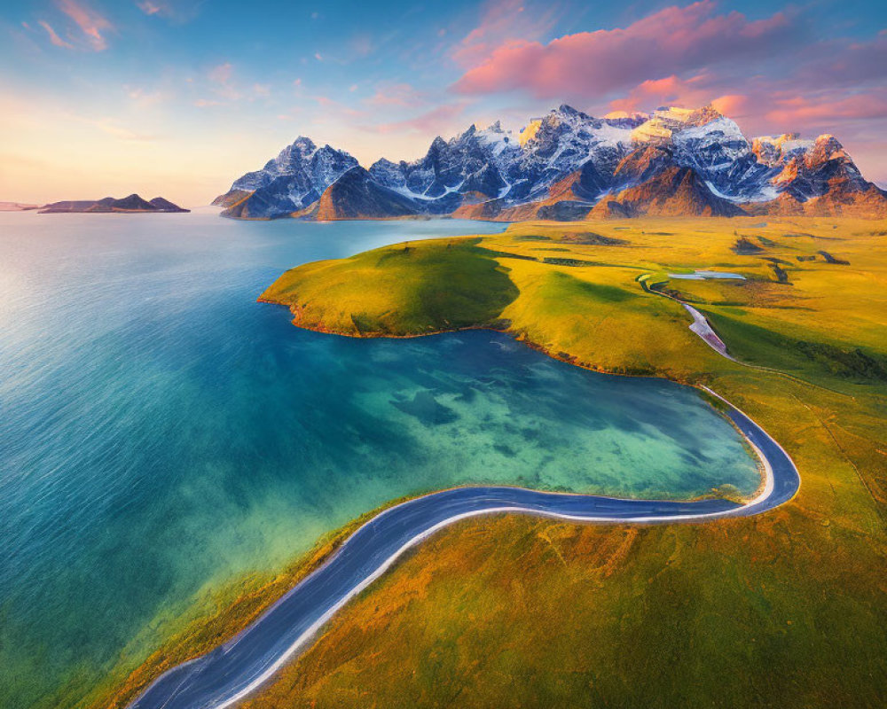 Scenic winding road through vibrant landscape towards snow-capped mountains