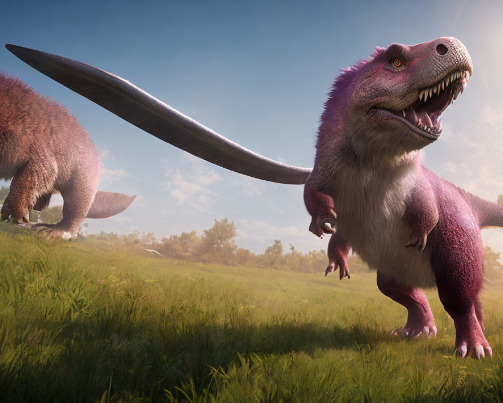 Purple Tyrannosaurus Rex in Field with Another Dinosaur