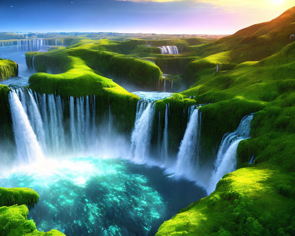 Serene landscape with lush greenery, waterfalls, river, and sunrise