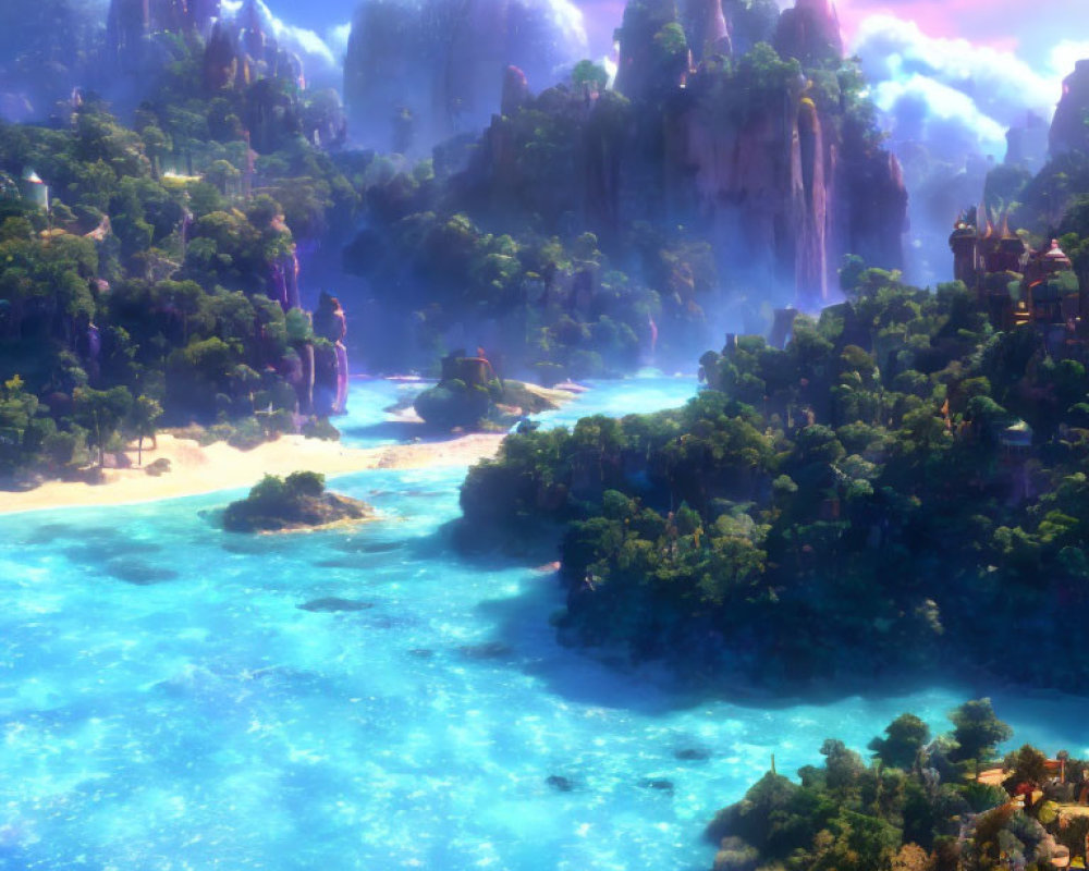 Fantastical landscape with rock formations, waterfalls, lush greenery