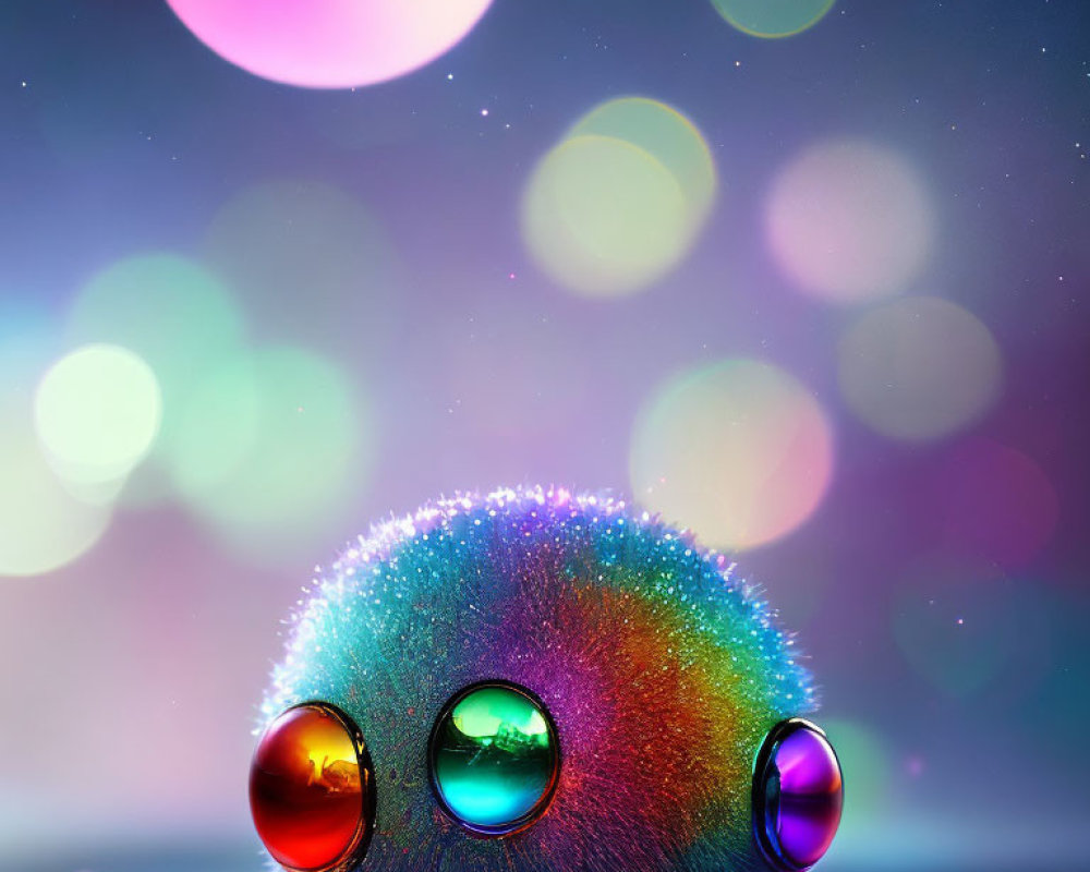 Fluffy creature with three colorful eyes on bokeh light background