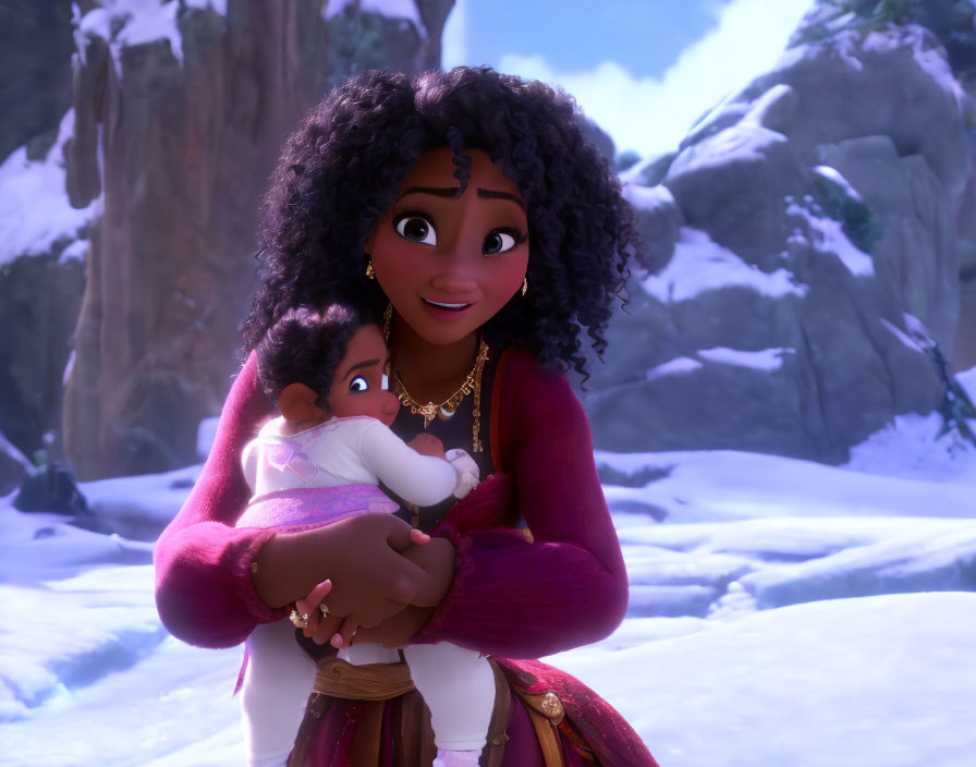 Curly-Haired Animated Character Smiling with Child in Snowy Mountain Scene