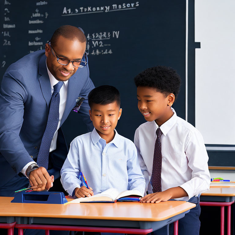 Smiling teacher helps two boys with studies in classroom with math equations