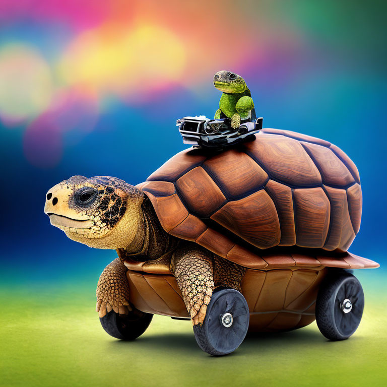 Tortoise with wheels carrying toy dinosaur with remote control